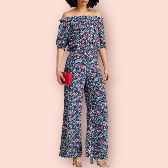 SALONI Juli off-the-shoulder printed silk crepe de chine wide-leg jumpsuit